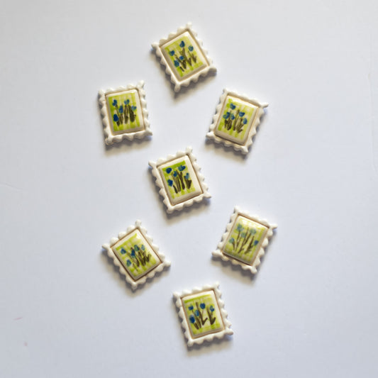 Forget Me Not + Gingham Postage Stamp Ceramic Magnet