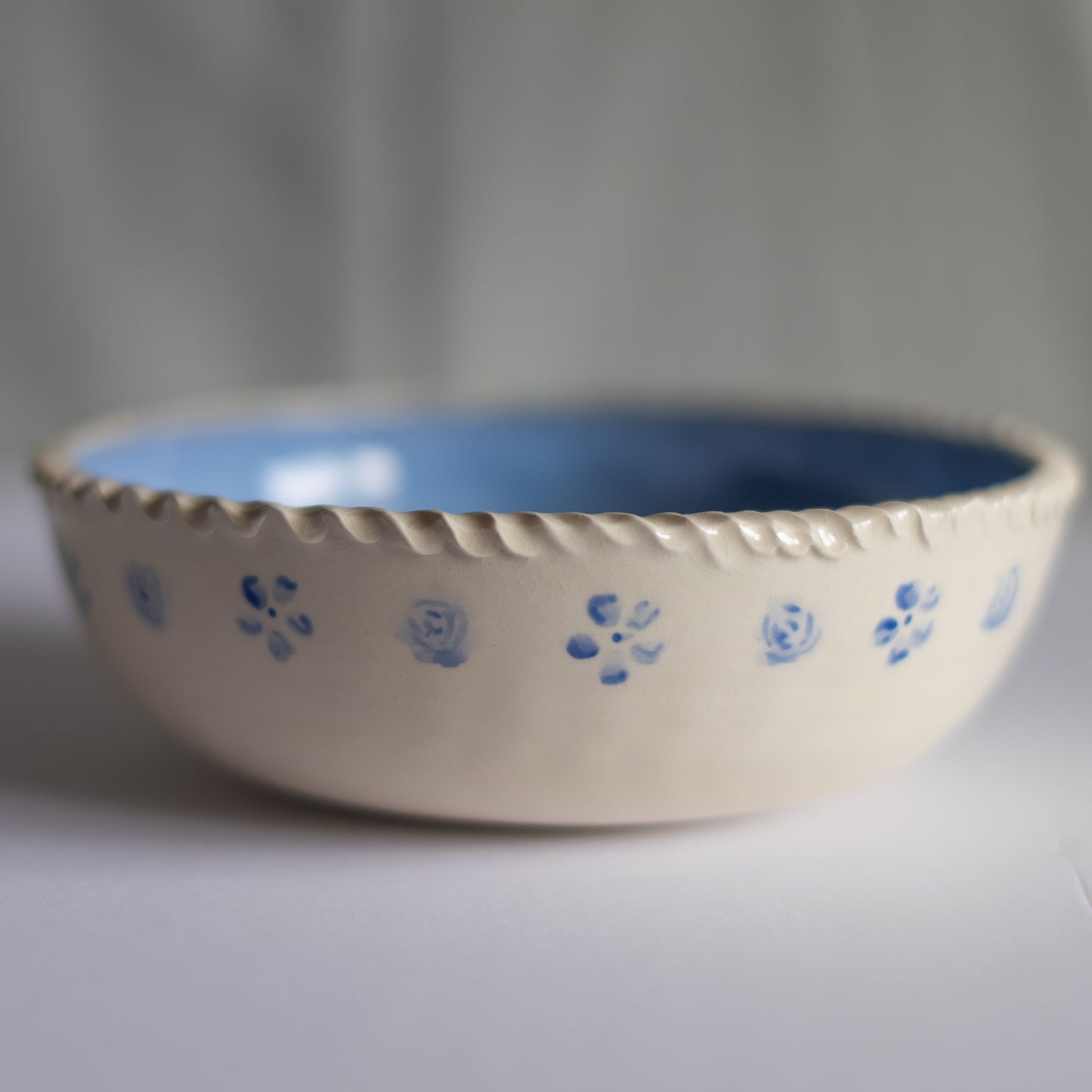 Large Floral Serving Bowl in Light Blue