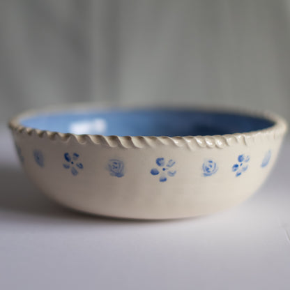 Large Floral Serving Bowl in Light Blue