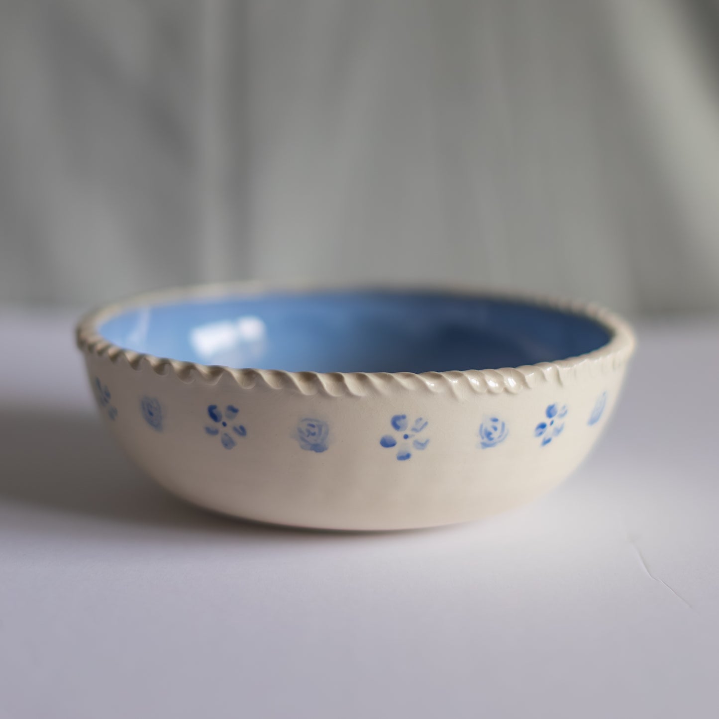 Large Floral Serving Bowl in Light Blue